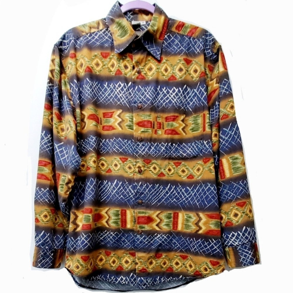 VintageTheTerritory Ahead Tribal Aztec Print 100% Cotton Button Up Shirt Sz Med